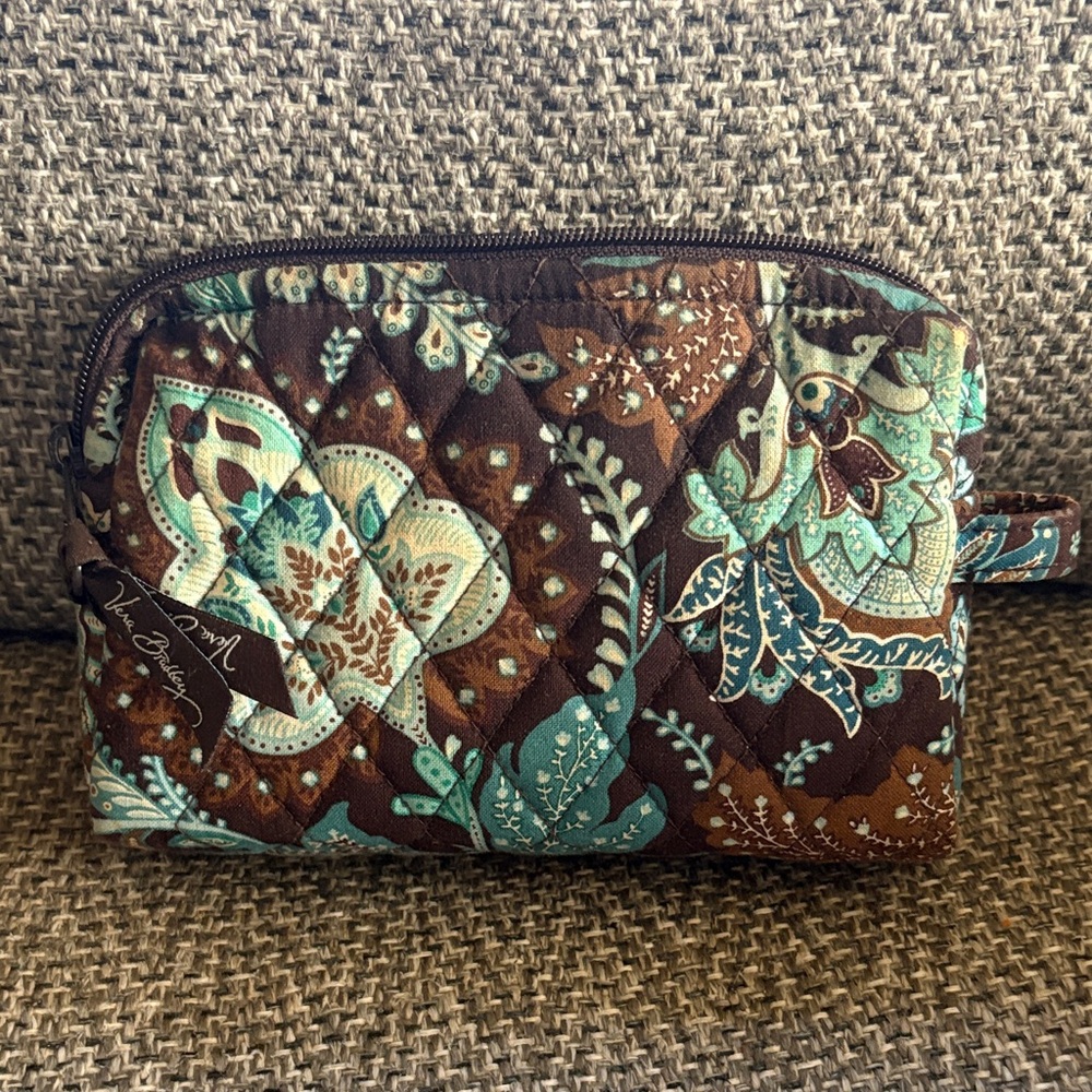 Vera Bradley Brown Teal Turquoise Floral Quilted Cosmetic Bag